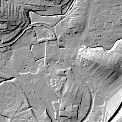 Shaded relief map of the ground around BD232AF, computed from Environment Agency LiDAR. The ground here sits at about 105 m above sea level and falls 35 m across the surrounding 800 m. Surface water reaching this point runs off ground lying to the east, 19.6 m higher.