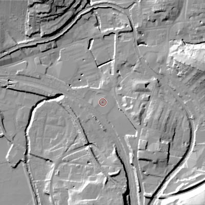 Shaded relief map of the ground around BD232AG, computed from Environment Agency LiDAR. The ground here sits at about 104 m above sea level and falls 37 m across the surrounding 800 m. The ground contributing surface water to this point lies to the west-south-west.