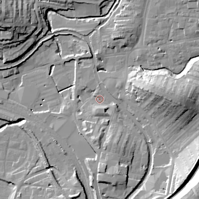 Shaded relief map of the ground around BD232AH, computed from Environment Agency LiDAR. The ground here sits at about 104 m above sea level and falls 34 m across the surrounding 800 m. Surface water reaching this point runs off ground lying to the south-south-east, 9.2 m higher.