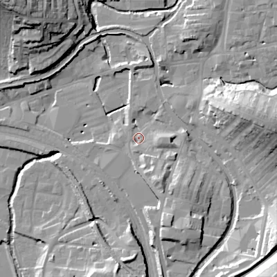 Shaded relief map of the ground around BD232AJ, computed from Environment Agency LiDAR. The ground here sits at about 104 m above sea level and falls 35 m across the surrounding 800 m. Surface water reaching this point runs off ground lying to the south-east, 9.9 m higher.
