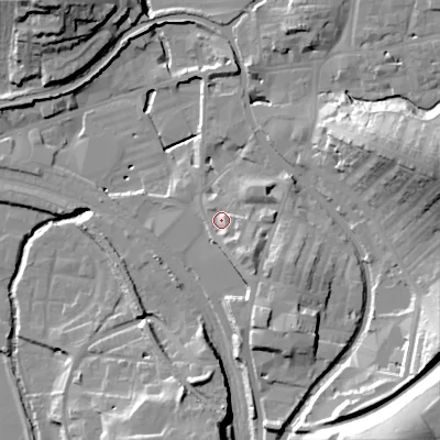 Shaded relief map of the ground around BD232AP, computed from Environment Agency LiDAR. The ground here sits at about 106 m above sea level and falls 36 m across the surrounding 800 m. Surface water reaching this point runs off ground lying to the south-east, 7.4 m higher.