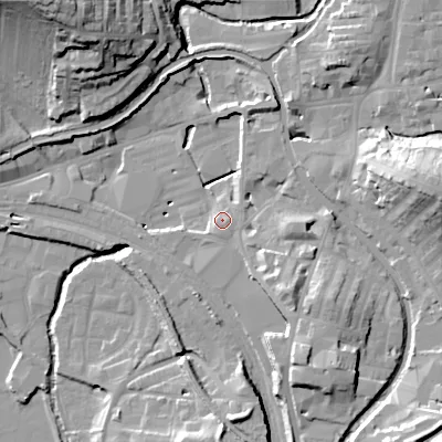 Shaded relief map of the ground around BD232AW, computed from Environment Agency LiDAR. The ground here sits at about 104 m above sea level and falls 35 m across the surrounding 800 m. Surface water reaching this point runs off ground lying to the south-east, 10.8 m higher.