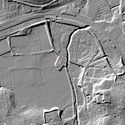 Shaded relief map of the ground around BD232AZ, computed from Environment Agency LiDAR. The ground here sits at about 99 m above sea level and falls 21 m across the surrounding 800 m. Surface water reaching this point runs off ground lying to the east, 1.1 m higher.