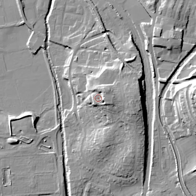 Shaded relief map of the ground around BD232BE, computed from Environment Agency LiDAR. The ground here sits at about 110 m above sea level and falls 32 m across the surrounding 800 m. Surface water reaching this point runs off ground lying to the north-east, 5.7 m higher.