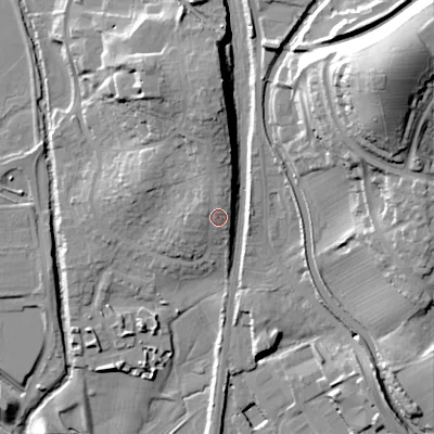 Shaded relief map of the ground around BD232BU, computed from Environment Agency LiDAR. The ground here sits at about 107 m above sea level and falls 43 m across the surrounding 800 m. Surface water reaching this point runs off ground lying to the north, 3.7 m higher.