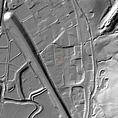 Shaded relief map of the ground around BD232DD, computed from Environment Agency LiDAR. The ground here sits at about 95 m above sea level and falls 45 m across the surrounding 800 m. Surface water reaching this point runs off ground lying to the south-east, 12.6 m higher.