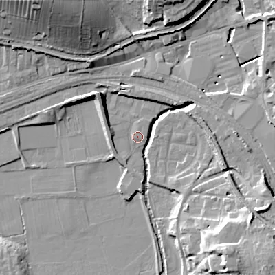 Shaded relief map of the ground around BD232DE, computed from Environment Agency LiDAR. The ground here sits at about 99 m above sea level and falls 31 m across the surrounding 800 m. Surface water reaching this point runs off ground lying to the north-west, 7.5 m higher.