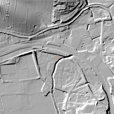 Shaded relief map of the ground around BD232DG, computed from Environment Agency LiDAR. The ground here sits at about 99 m above sea level and falls 33 m across the surrounding 800 m. Surface water reaching this point runs off ground lying to the east-north-east, 4.2 m higher.