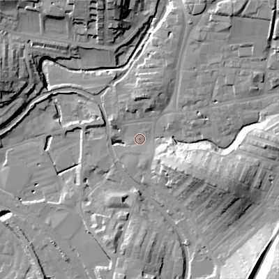 Shaded relief map of the ground around BD232DZ, computed from Environment Agency LiDAR. The ground here sits at about 105 m above sea level and falls 36 m across the surrounding 800 m. Surface water reaching this point runs off ground lying to the north-east, 24.0 m higher.