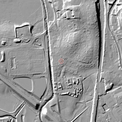 Shaded relief map of the ground around BD232EW, computed from Environment Agency LiDAR. The ground here sits at about 99 m above sea level and falls 27 m across the surrounding 800 m. Surface water reaching this point runs off ground lying to the north-north-east, 1.2 m higher.