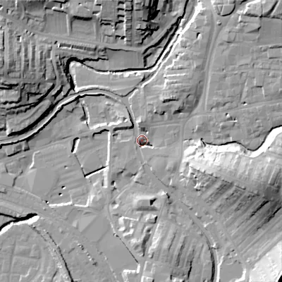 Shaded relief map of the ground around BD232FA, computed from Environment Agency LiDAR. The ground here sits at about 105 m above sea level and falls 33 m across the surrounding 800 m. Surface water reaching this point runs off ground lying to the east-south-east, 23.2 m higher.