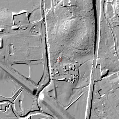 Shaded relief map of the ground around BD232FH, computed from Environment Agency LiDAR. The ground here sits at about 98 m above sea level and falls 28 m across the surrounding 800 m. Surface water reaching this point runs off ground lying to the south-east, 4.1 m higher.