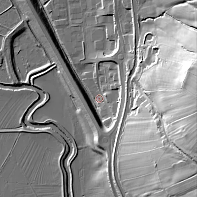 Shaded relief map of the ground around BD232FJ, computed from Environment Agency LiDAR. The ground here sits at about 95 m above sea level and falls 59 m across the surrounding 800 m. Surface water reaching this point runs off ground lying to the south-east, 12.9 m higher.