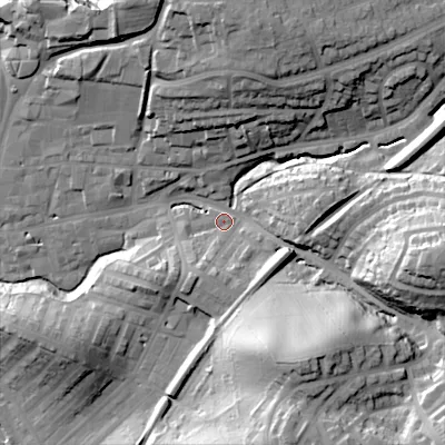 Shaded relief map of the ground around BD232HG, computed from Environment Agency LiDAR. The ground here sits at about 111 m above sea level and falls 42 m across the surrounding 800 m. Surface water reaching this point runs off ground lying to the south-east, 36.1 m higher.