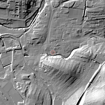 Shaded relief map of the ground around BD232HP, computed from Environment Agency LiDAR. The ground here sits at about 106 m above sea level and falls 45 m across the surrounding 800 m. Surface water reaching this point runs off ground lying to the north-east, 28.7 m higher.