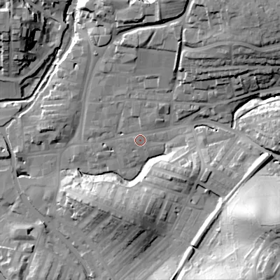 Shaded relief map of the ground around BD232HZ, computed from Environment Agency LiDAR. The ground here sits at about 109 m above sea level and falls 43 m across the surrounding 800 m. Surface water reaching this point runs off ground lying to the north, 1.8 m higher.