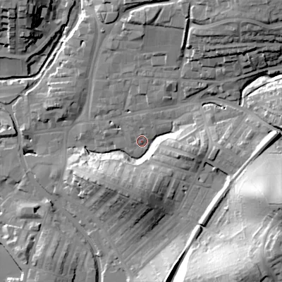 Shaded relief map of the ground around BD232JA, computed from Environment Agency LiDAR. The ground here sits at about 107 m above sea level and falls 43 m across the surrounding 800 m. Surface water reaching this point runs off ground lying to the north, 3.1 m higher.
