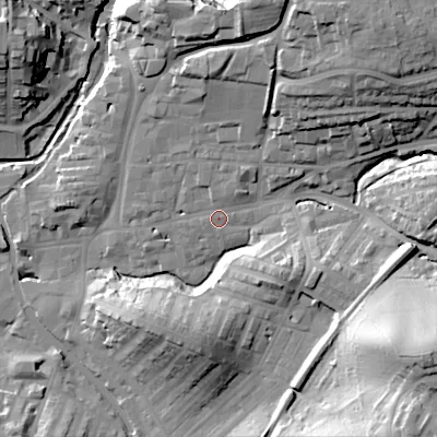 Shaded relief map of the ground around BD232JB, computed from Environment Agency LiDAR. The ground here sits at about 109 m above sea level and falls 43 m across the surrounding 800 m. Surface water reaching this point runs off ground lying to the north-north-east, 25.5 m higher.