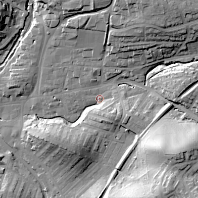 Shaded relief map of the ground around BD232JJ, computed from Environment Agency LiDAR. The ground here sits at about 109 m above sea level and falls 43 m across the surrounding 800 m. Surface water reaching this point runs off ground lying to the south-east, 37.6 m higher.
