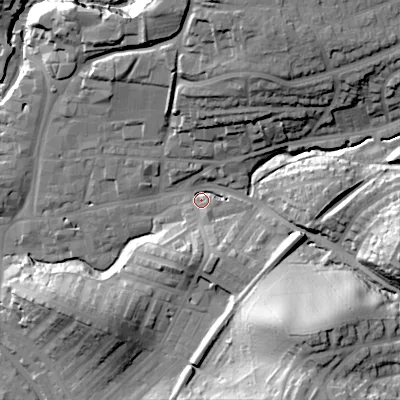 Shaded relief map of the ground around BD232JN, computed from Environment Agency LiDAR. The ground here sits at about 109 m above sea level and falls 42 m across the surrounding 800 m. Surface water reaching this point runs off ground lying to the south-east, 37.6 m higher.