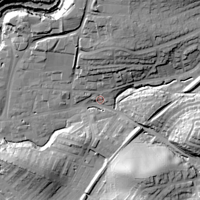 Shaded relief map of the ground around BD232JP, computed from Environment Agency LiDAR. The ground here sits at about 110 m above sea level and falls 42 m across the surrounding 800 m. Surface water reaching this point runs off ground lying to the south-south-east, 37.6 m higher.