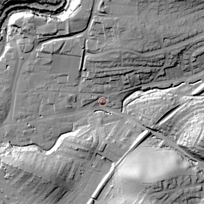 Shaded relief map of the ground around BD232JR, computed from Environment Agency LiDAR. The ground here sits at about 111 m above sea level and falls 42 m across the surrounding 800 m. Surface water reaching this point runs off ground lying to the south-south-east, 37.6 m higher.