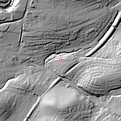 Shaded relief map of the ground around BD232JS, computed from Environment Agency LiDAR. The ground here sits at about 123 m above sea level and falls 42 m across the surrounding 800 m. Surface water reaching this point runs off ground lying to the east-south-east, 7.4 m higher.