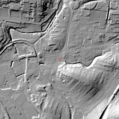 Shaded relief map of the ground around BD232LP, computed from Environment Agency LiDAR. The ground here sits at about 105 m above sea level and falls 39 m across the surrounding 800 m. Surface water reaching this point runs off ground lying to the north-east, 23.1 m higher.