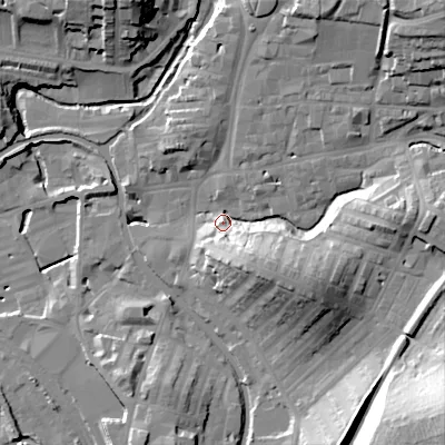 Shaded relief map of the ground around BD232LR, computed from Environment Agency LiDAR. The ground here sits at about 109 m above sea level and falls 42 m across the surrounding 800 m. Surface water reaching this point runs off ground lying to the north-east, 27.0 m higher.