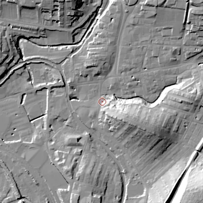 Shaded relief map of the ground around BD232LT, computed from Environment Agency LiDAR. The ground here sits at about 106 m above sea level and falls 38 m across the surrounding 800 m. Surface water reaching this point runs off ground lying to the east-south-east, 21.4 m higher.