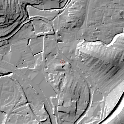Shaded relief map of the ground around BD232NF, computed from Environment Agency LiDAR. The ground here sits at about 105 m above sea level and falls 36 m across the surrounding 800 m. Surface water reaching this point runs off ground lying to the east-south-east, 3.9 m higher.