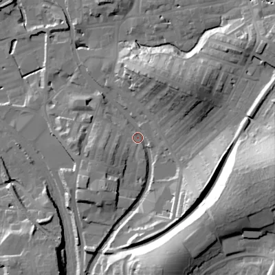 Shaded relief map of the ground around BD232NG, computed from Environment Agency LiDAR. The ground here sits at about 106 m above sea level and falls 43 m across the surrounding 800 m. Surface water reaching this point runs off ground lying to the west-south-west, 6.0 m higher.