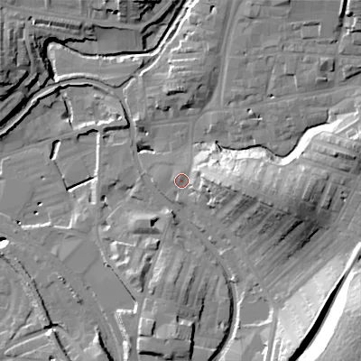 Shaded relief map of the ground around BD232NS, computed from Environment Agency LiDAR. The ground here sits at about 107 m above sea level and falls 37 m across the surrounding 800 m. Surface water reaching this point runs off ground lying to the east, 14.7 m higher.