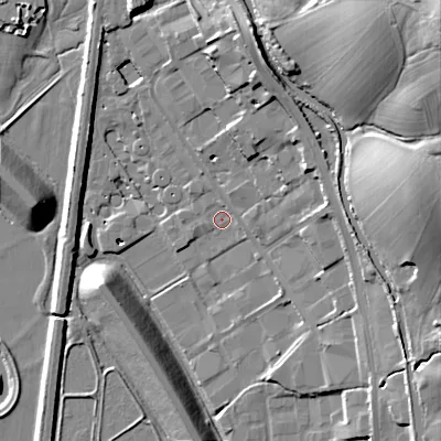 Shaded relief map of the ground around BD232QR, computed from Environment Agency LiDAR. The ground here sits at about 95 m above sea level and falls 38 m across the surrounding 800 m. Surface water reaching this point runs off ground lying to the north-north-east, 1.8 m higher.