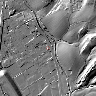 Shaded relief map of the ground around BD232QS, computed from Environment Agency LiDAR. The ground here sits at about 104 m above sea level and falls 82 m across the surrounding 800 m. Surface water reaching this point runs off ground lying to the north, 4.8 m higher.