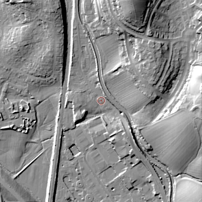 Shaded relief map of the ground around BD232QT, computed from Environment Agency LiDAR. The ground here sits at about 103 m above sea level and falls 43 m across the surrounding 800 m. Surface water reaching this point runs off ground lying to the east-south-east, 4.1 m higher.