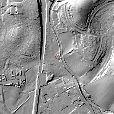 Shaded relief map of the ground around BD232QU, computed from Environment Agency LiDAR. The ground here sits at about 103 m above sea level and falls 43 m across the surrounding 800 m. Surface water reaching this point runs off ground lying to the north-north-east, 32.8 m higher.