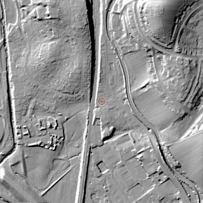 Shaded relief map of the ground around BD232QX, computed from Environment Agency LiDAR. The ground here sits at about 102 m above sea level and falls 45 m across the surrounding 800 m. Surface water reaching this point runs off ground lying to the north-north-east, 33.4 m higher.