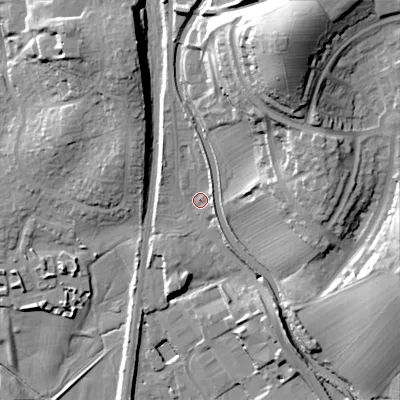 Shaded relief map of the ground around BD232QZ, computed from Environment Agency LiDAR. The ground here sits at about 103 m above sea level and falls 43 m across the surrounding 800 m. Surface water reaching this point runs off ground lying to the north-north-east, 32.8 m higher.