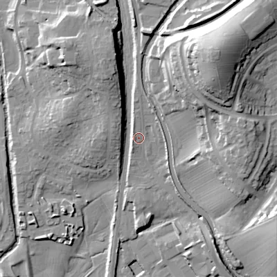 Shaded relief map of the ground around BD232RA, computed from Environment Agency LiDAR. The ground here sits at about 103 m above sea level and falls 43 m across the surrounding 800 m. Surface water reaching this point runs off ground lying to the north, 3.2 m higher.
