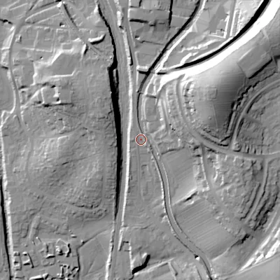 Shaded relief map of the ground around BD232RB, computed from Environment Agency LiDAR. The ground here sits at about 104 m above sea level and falls 42 m across the surrounding 800 m. Surface water reaching this point runs off ground lying to the north-east, 30.3 m higher.