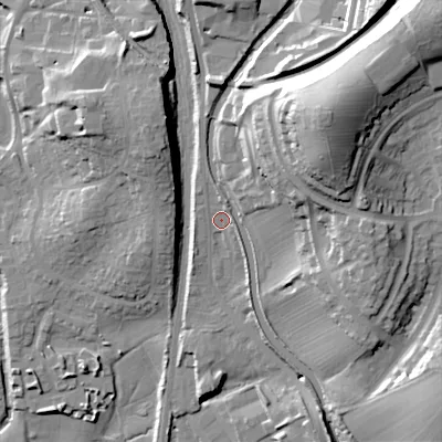 Shaded relief map of the ground around BD232RE, computed from Environment Agency LiDAR. The ground here sits at about 104 m above sea level and falls 42 m across the surrounding 800 m. Surface water reaching this point runs off ground lying to the north-north-west, 2.5 m higher.