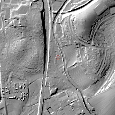 Shaded relief map of the ground around BD232RG, computed from Environment Agency LiDAR. The ground here sits at about 103 m above sea level and falls 42 m across the surrounding 800 m. Surface water reaching this point runs off ground lying to the north-north-west, 3.2 m higher.