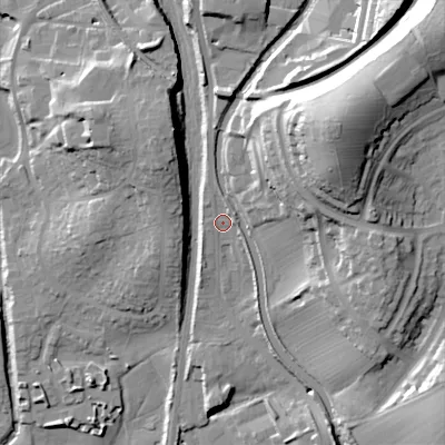 Shaded relief map of the ground around BD232RQ, computed from Environment Agency LiDAR. The ground here sits at about 104 m above sea level and falls 42 m across the surrounding 800 m. Surface water reaching this point runs off ground lying to the north, 2.4 m higher.