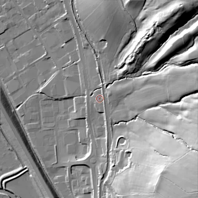 Shaded relief map of the ground around BD232TA, computed from Environment Agency LiDAR. The ground here sits at about 104 m above sea level and falls 69 m across the surrounding 800 m. Surface water reaching this point runs off ground lying to the south-east, 55.3 m higher.