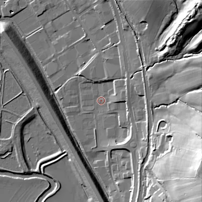 Shaded relief map of the ground around BD232TZ, computed from Environment Agency LiDAR. The ground here sits at about 96 m above sea level and falls 54 m across the surrounding 800 m. Surface water reaching this point runs off ground lying to the south-east, 12.3 m higher.