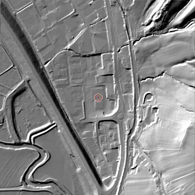 Shaded relief map of the ground around BD232UB, computed from Environment Agency LiDAR. The ground here sits at about 96 m above sea level and falls 59 m across the surrounding 800 m. Surface water reaching this point runs off ground lying to the north-north-east, 0.5 m higher.