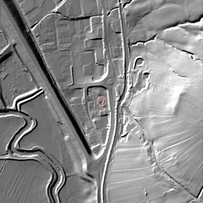 Shaded relief map of the ground around BD232UE, computed from Environment Agency LiDAR. The ground here sits at about 99 m above sea level and falls 65 m across the surrounding 800 m. Surface water reaching this point runs off ground lying to the east, 10.6 m higher.