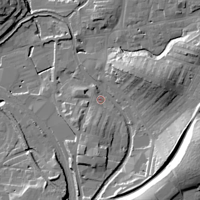 Shaded relief map of the ground around BD232UN, computed from Environment Agency LiDAR. The ground here sits at about 106 m above sea level and falls 38 m across the surrounding 800 m. Surface water reaching this point runs off ground lying to the south, 6.8 m higher.