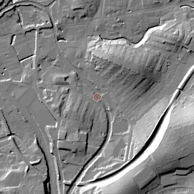 Shaded relief map of the ground around BD232UP, computed from Environment Agency LiDAR. The ground here sits at about 105 m above sea level and falls 42 m across the surrounding 800 m. Surface water reaching this point runs off ground lying to the south-east, 2.5 m higher.